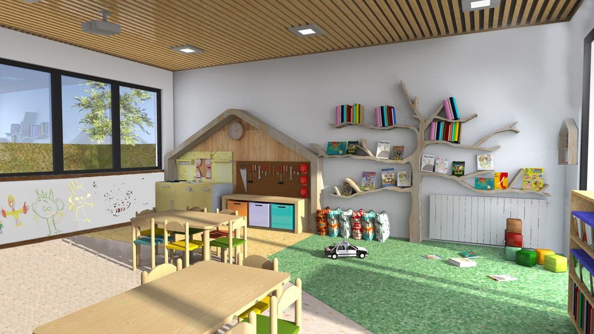 Render de la sala con casita de madera y repisa árbol