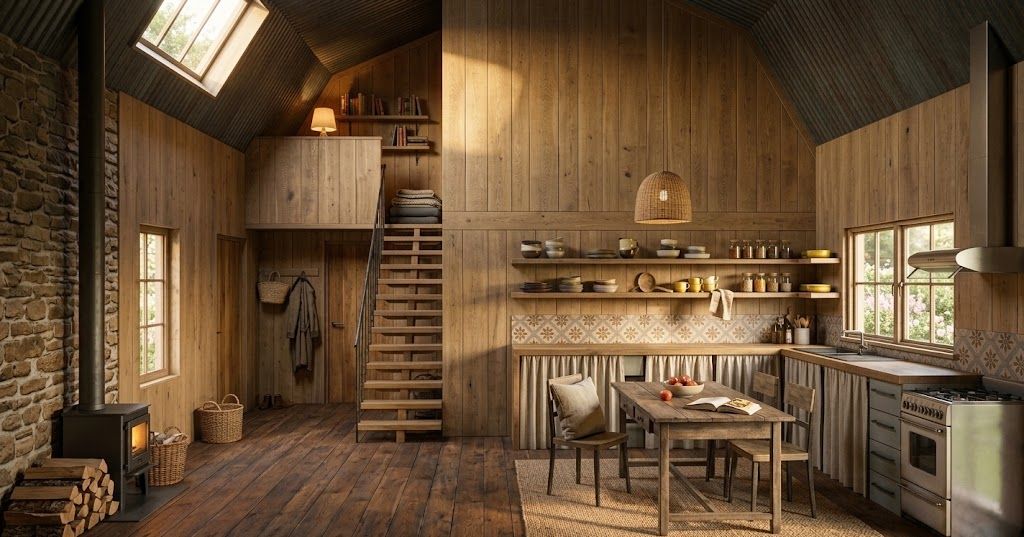 Render interior con cocina, escalera y estufa a leña