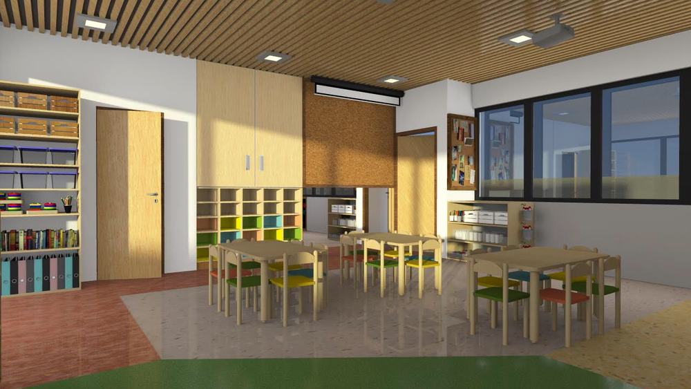 Render de la sala hacia los ventanales y casilleros