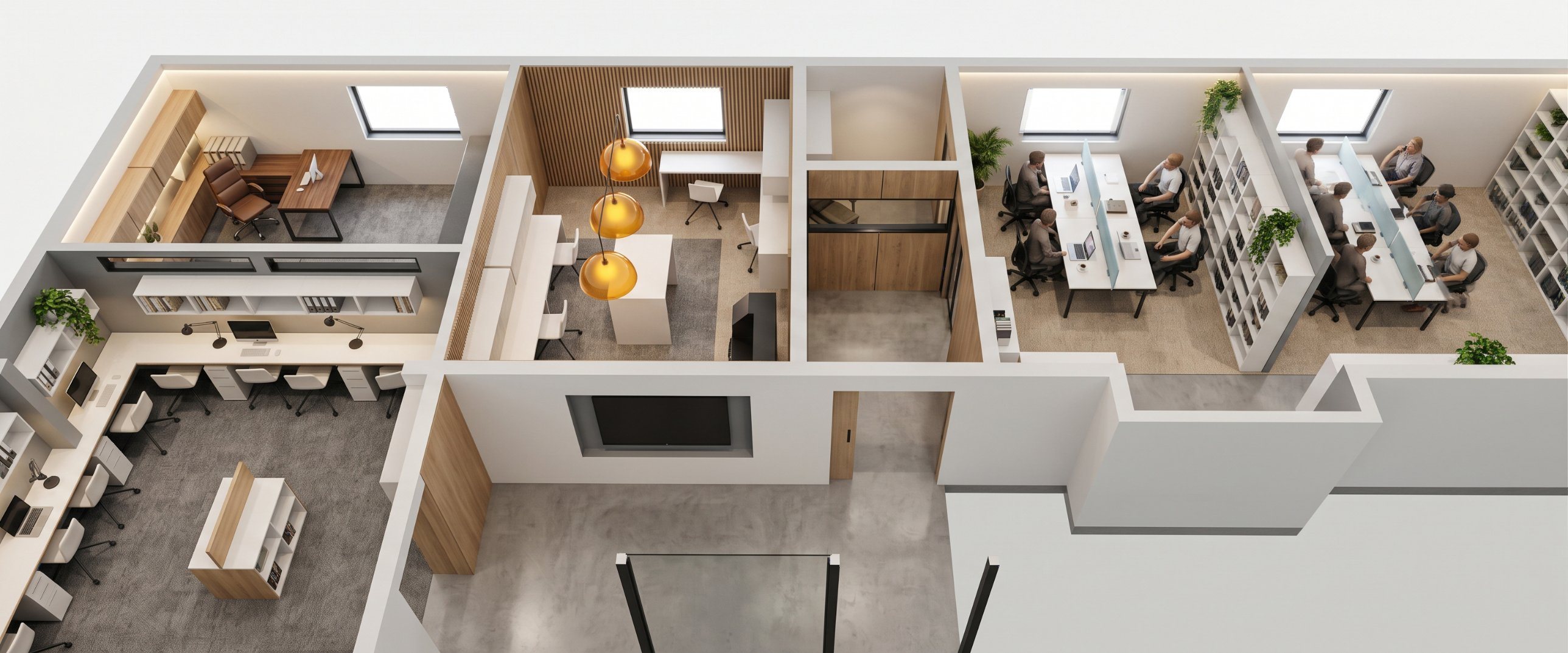 Render en corte de las oficinas remodeladas